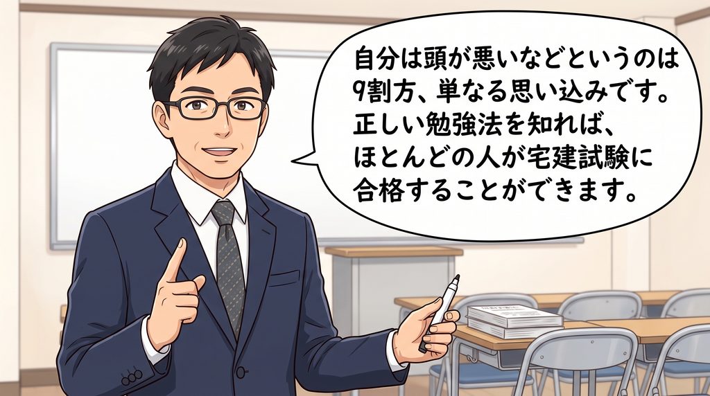 「自分は頭が悪いなどというのは9割方、単なる思い込みです。正しい勉強法を知れば、ほとんどの人が宅建試験に合格することができます。」と話す男性宅建講師
