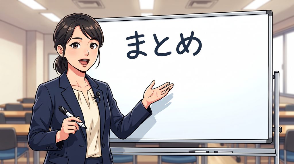 「宅建合格は頭いいの?」という本日のテーマについてのまとめの話をしようとしている女性宅建講師