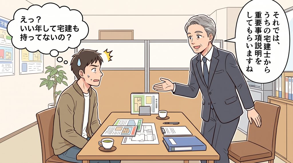 営業担当者がいい年をして宅建資格も持っていないことが分かり、少し動揺しているお客さん