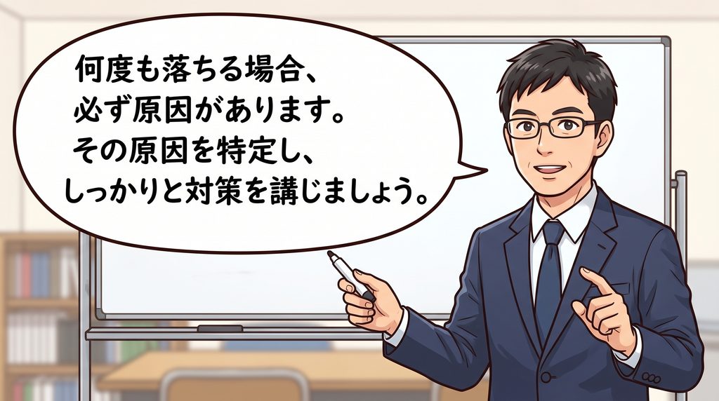宅建試験に何度も落ちる場合、必ず原因があるのでその原因を特定し、しっかりと対策を講じましょうとアドバイスする男性宅建講師