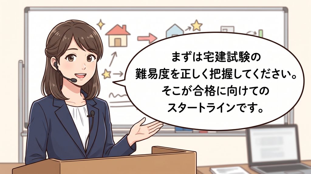 「まずは宅建試験の難易度を正しく把握してください。そこが合格に向けてのスタートラインです。」と話す女性宅建講師