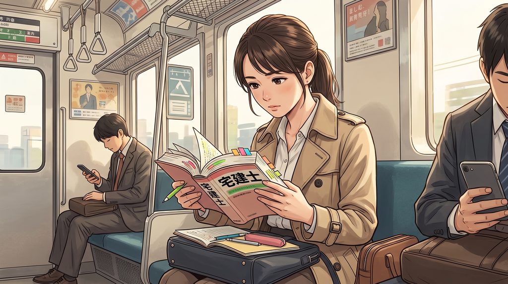 通勤電車の中で宅建のテキストを一生懸命読み込んでいる女性受験生