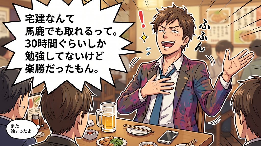 「宅建なんて馬鹿でも取れるって。30時間ぐらいしか勉強してないけど楽勝だったもん。」などと自慢気に話す宅建試験合格者