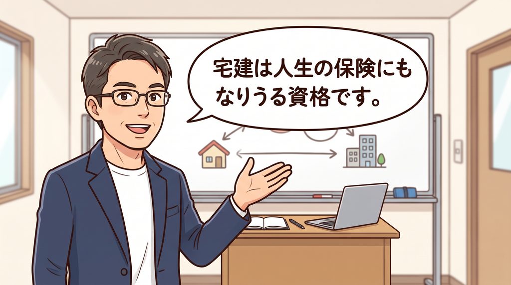 「宅建は人生の保険にもなりうる資格です。」と話す男性宅建講師