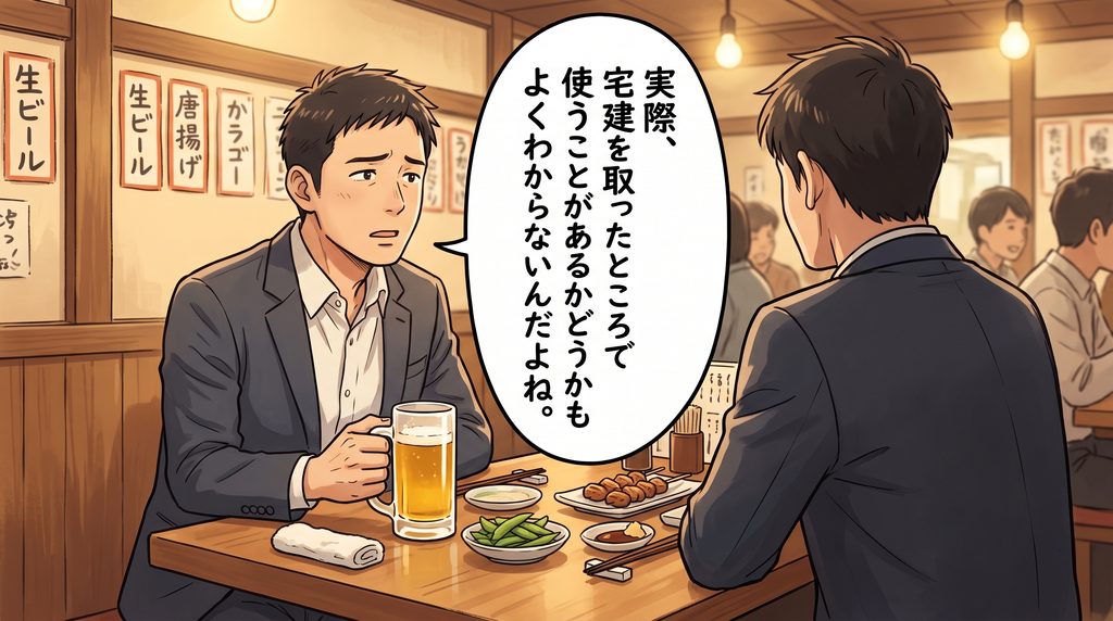 居酒屋で「実際、宅建を取ったところで使うことがあるかどうかもよくわからないんだよね。」と話す男性