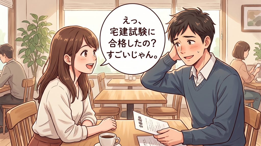 「えっ、宅建試験に合格したの?すごいじゃん。」と女性に言われ、少し照れている様子の男性