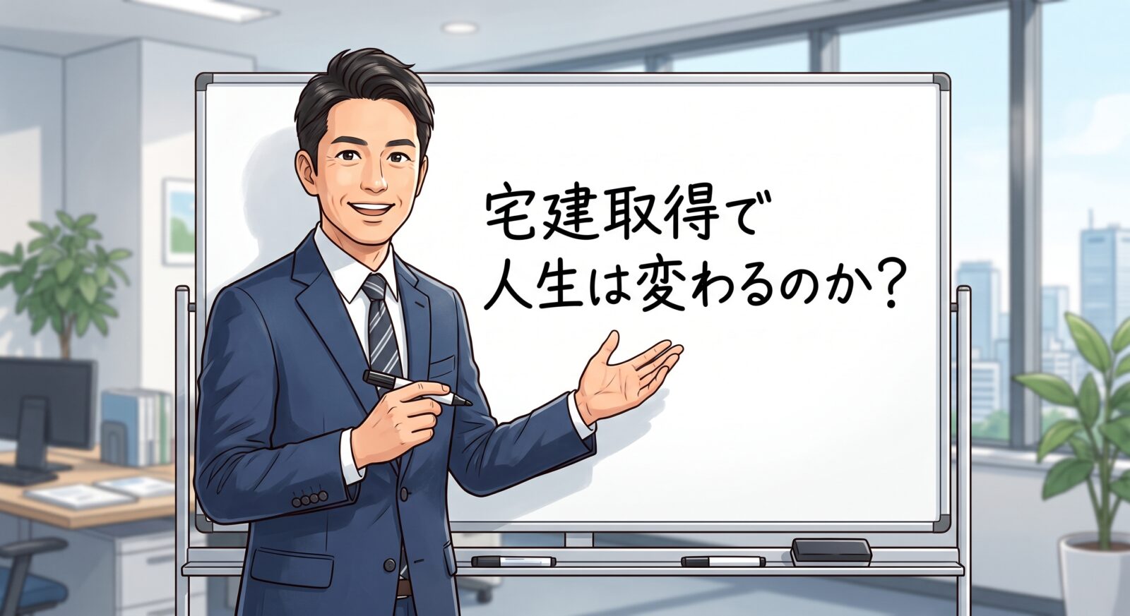 ホワイトボードに「宅建取得で人生は変わるのか？」と書きそのテーマについて話をしている宅建講師